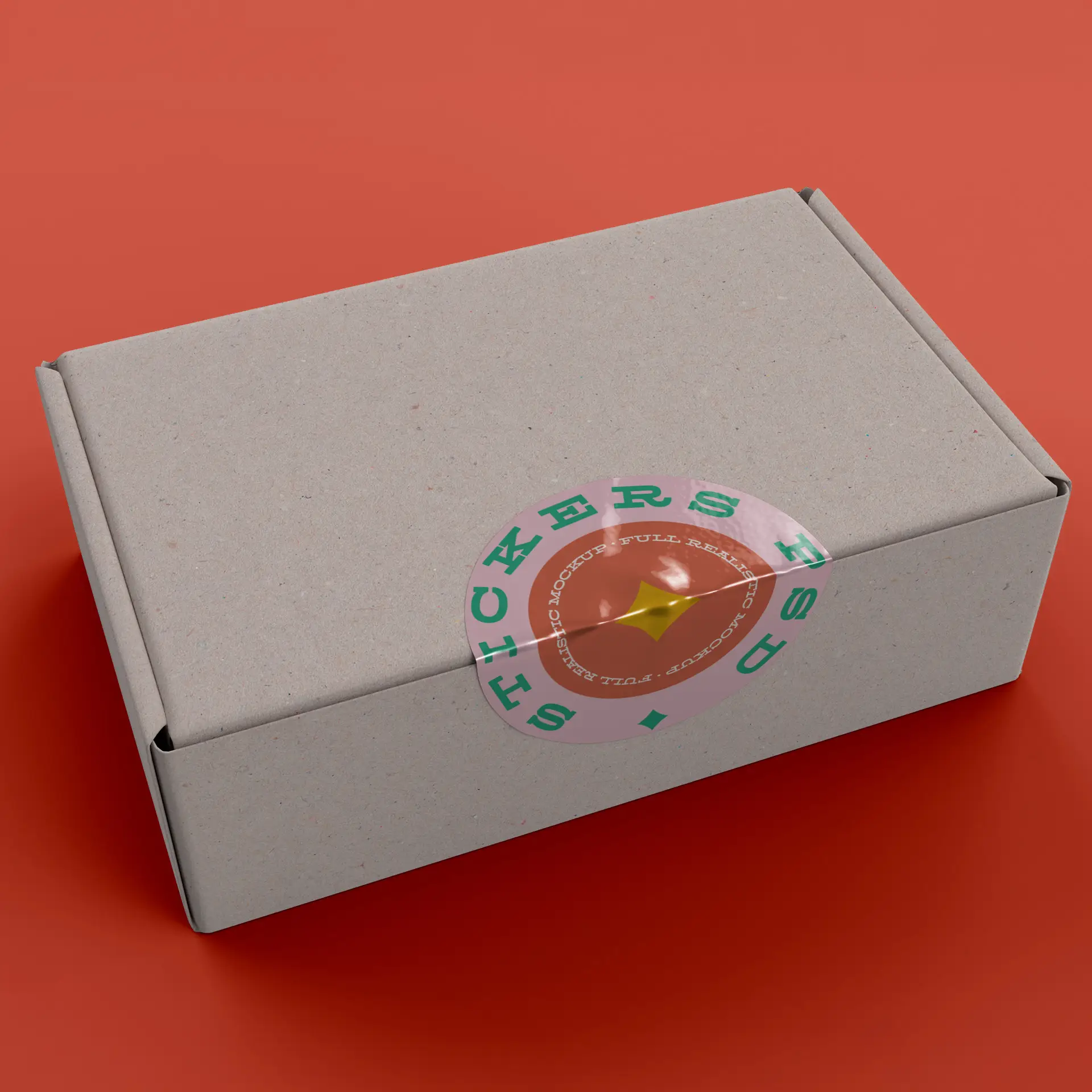 Brown cardboard box with a round printed label featuring a star design, displayed on a red background.