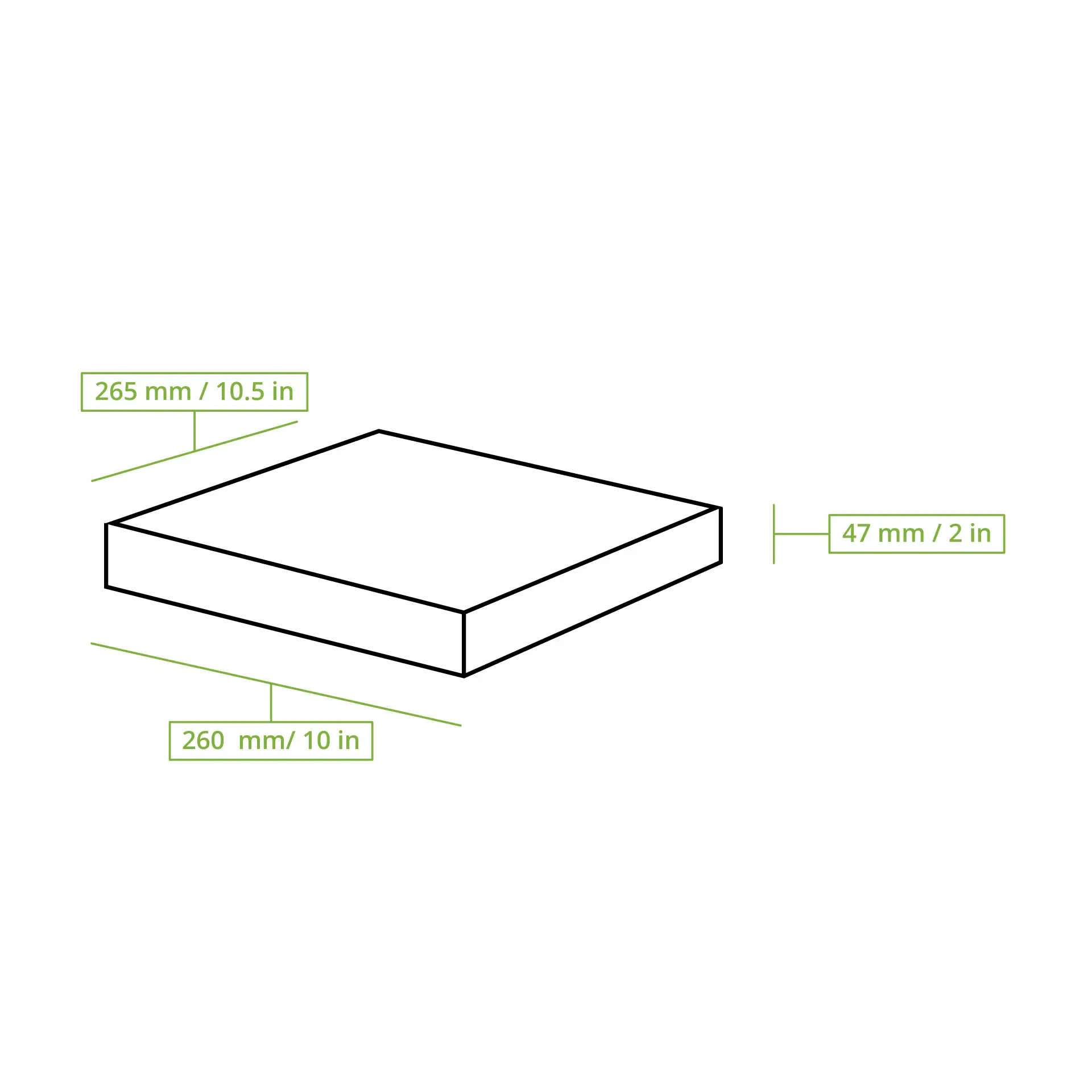 Brown pizza box, dimensions 265 mm x 260 mm x 47 mm; made of 66% recycled cardboard, biodegradable and recyclable.