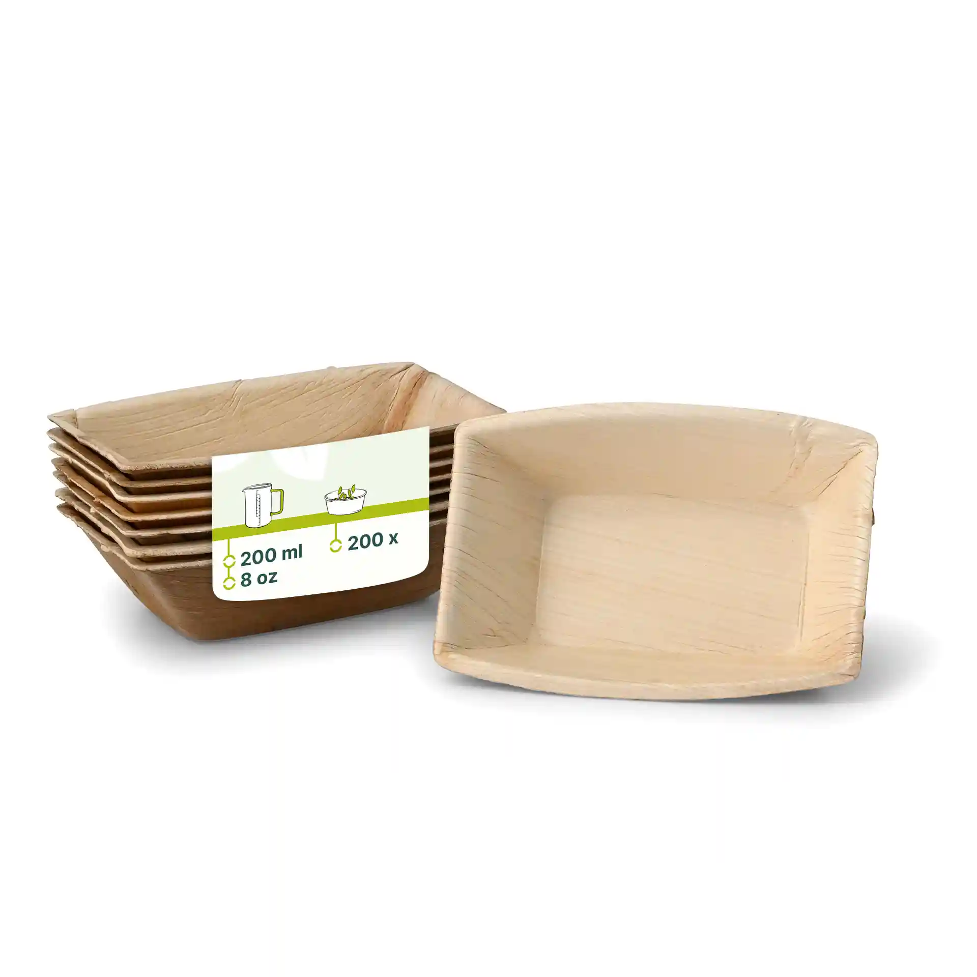 Rectangular palm leaf bowls in a stack, with one bowl displayed and a label showing volume and quantity details.