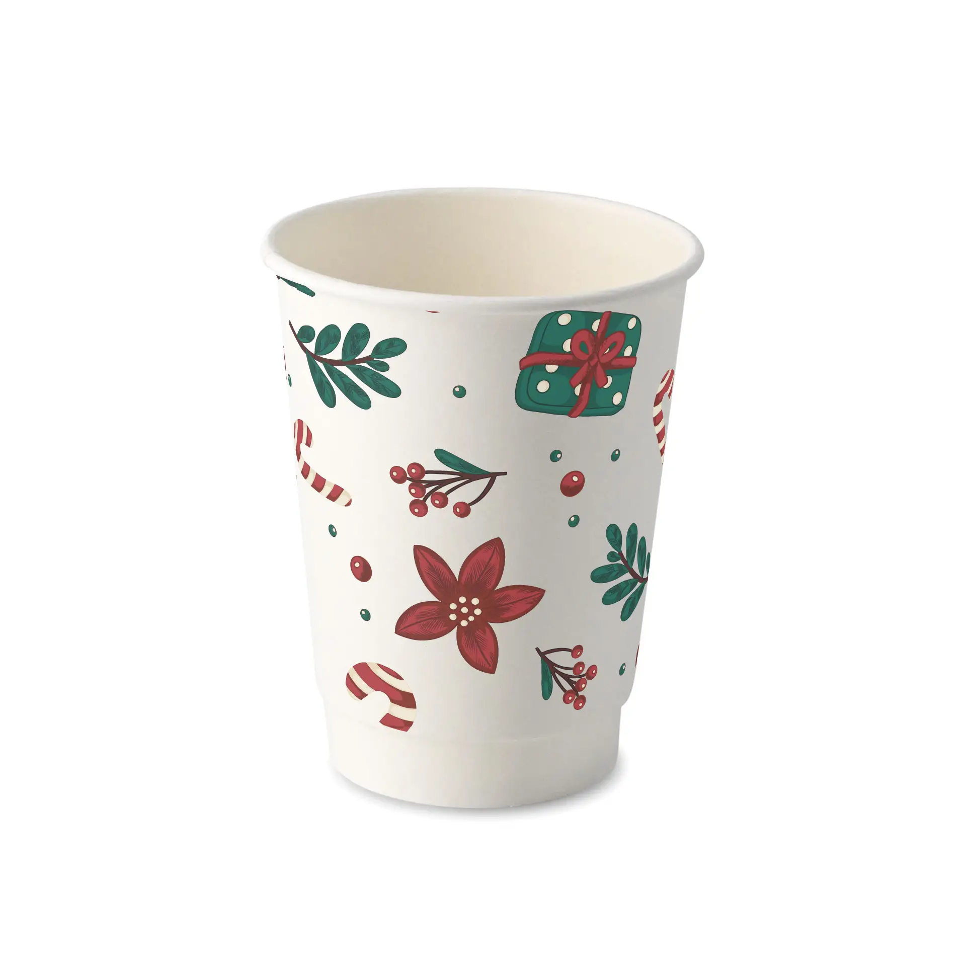 White double-wall coffee cup with winter-themed design, featuring red flowers, green leaves, and candy canes.