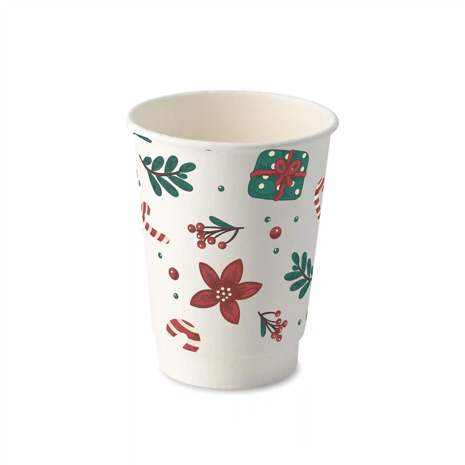 White double-wall coffee cup with winter-themed design, featuring red flowers, green leaves, and candy canes.