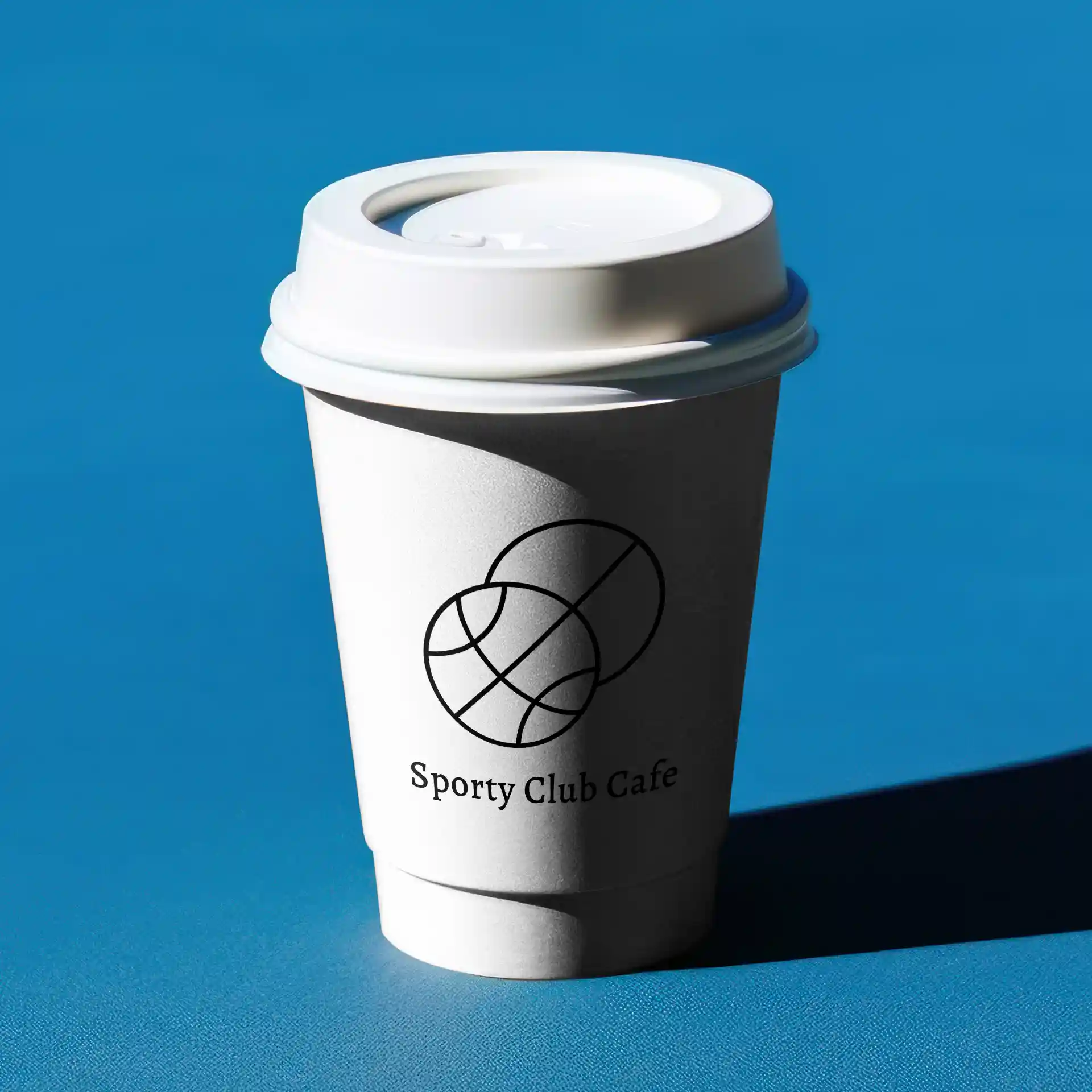 White double-walled paper cup with a lid, featuring a logo and text, placed on a blue surface.