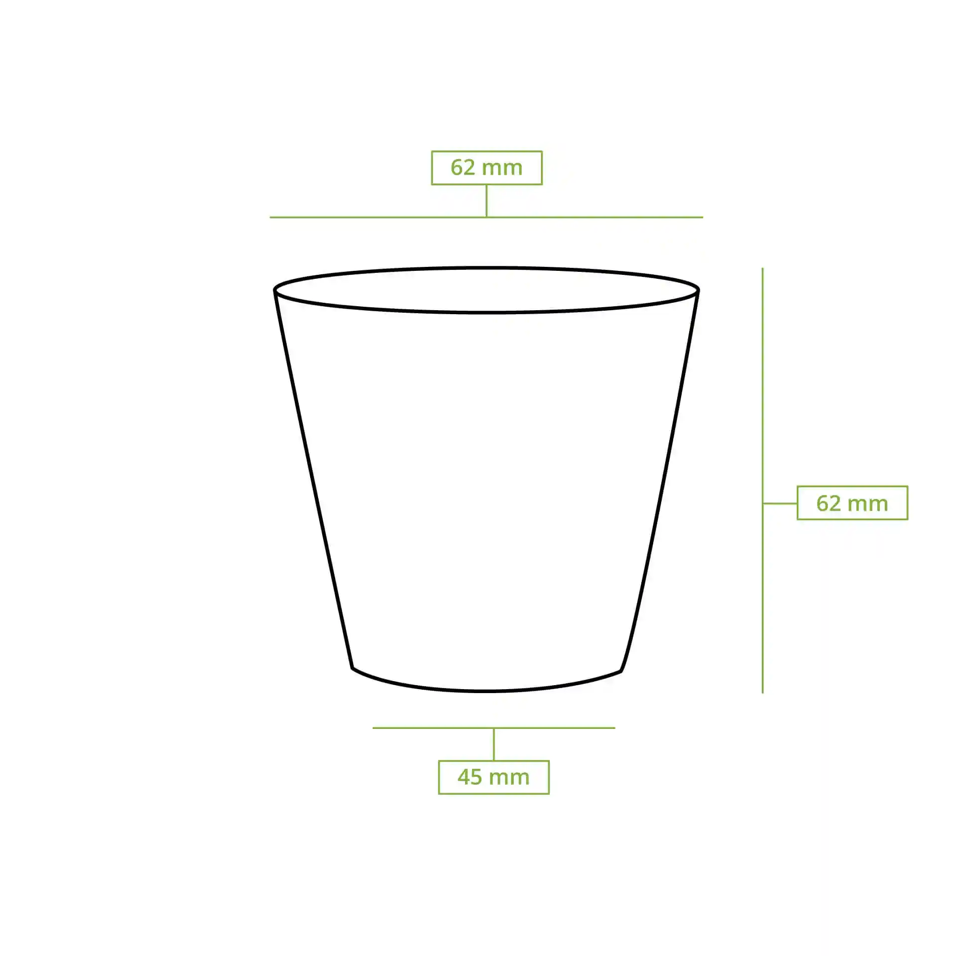 Schematic drawing of a round paper cup with dimensions: 62 mm diameter top, 46 mm diameter bottom, and 60 mm height.