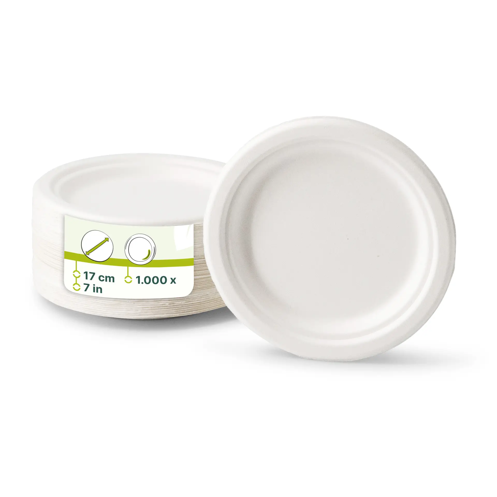 Round disposable plates made from sugarcane, 17 cm in diameter, suitable for various food types.